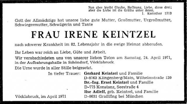 Weber Irene 1889-1971 Todesanzeige